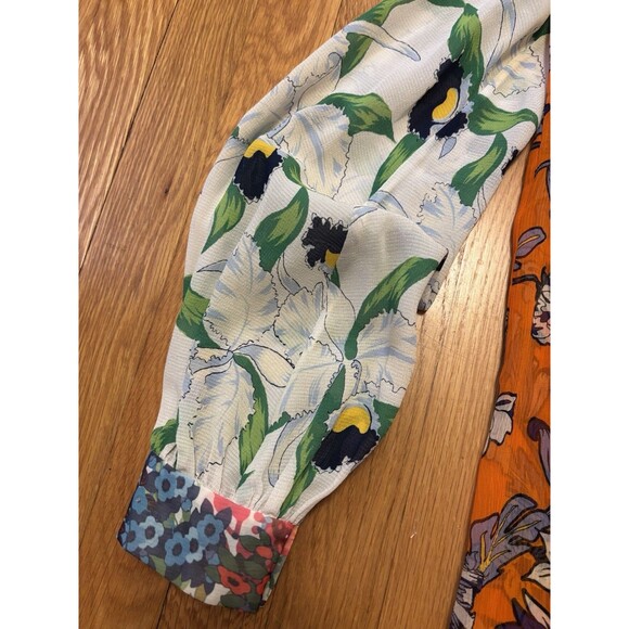 Tory Burch Kia Tie Neck Silk Blouse Orange Long Sleeve Multi Floral Size 6 - Picture 4 of 14